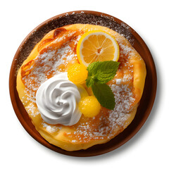 pancakes topped with white sugar and lemon on the side type g, generative ai