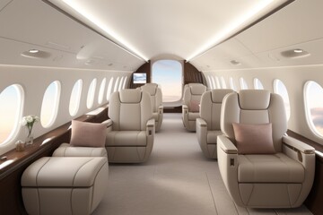 Luxury business jet plane airplane private jet empty interior during flight fast bright luxurious seat leather chair materials windows glass wealth journey flying evening landing style stylish design