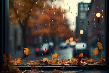 Autumn Rain on City Window