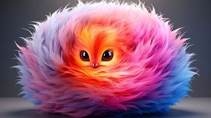 Colorful cat with big eyes sitting on floor with feathers.