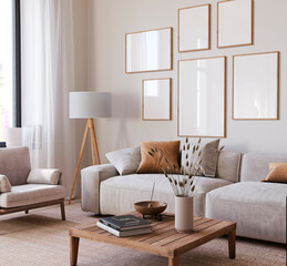 Frame mockup, Home interior background, living room with leather sofa, 3d render