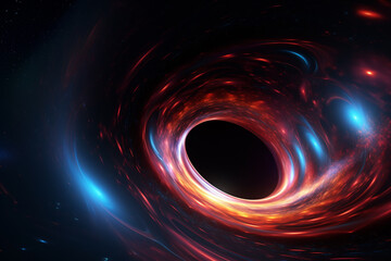 Black hole with a glowing constellation of various colors revolves around a black hole in the universe