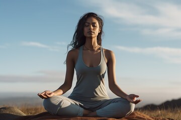 Fototapeta na wymiar Young woman practices yoga and meditates in the lotus position at a hilly outdoor