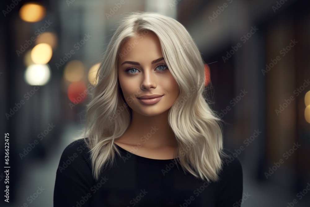 Wall mural portrait of a beautiful smiling blonde girl in outdoor background. generative ai