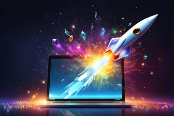 Fotobehang rocket on the space,  rocket boosted from laptop screen broken glass effect in dark background  © Images Guru