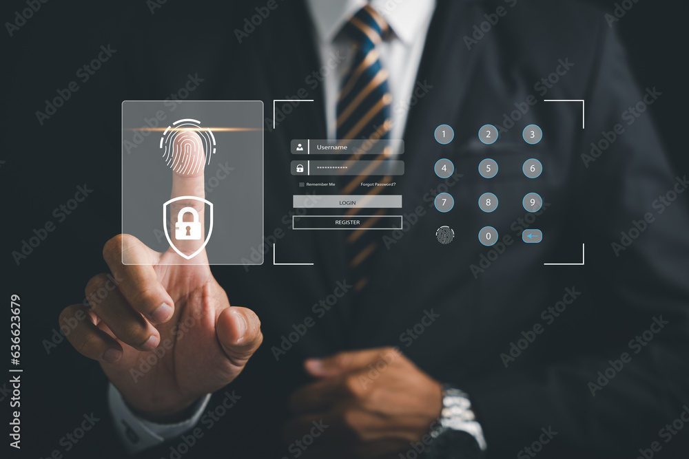 Poster futuristic biometric identification fingerprint scanner with pointing finger. concept of surveillanc