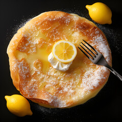 pancakes topped with white sugar and lemon on the side type n, generative ai