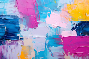 Close-up view of a textured, colorful abstract painting. the artwork has a rough, vibrant appearance with a mix of colors. abstract wallpaper pattern. copy space. 