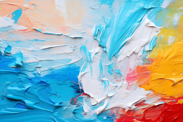 Close-up view of a textured, colorful abstract painting. the artwork has a rough, vibrant appearance with a mix of colors. abstract wallpaper pattern. copy space. 