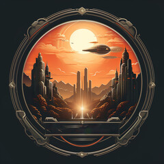 Obraz premium An epic scifi fantasy brand corporate logo, emblem or insignia, depicting space exploration and futuristic alien landscapes in space