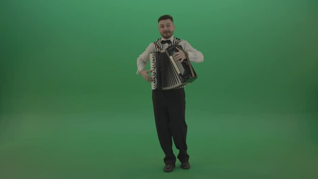 Funny Accordion man player playing music isolated on green screen
