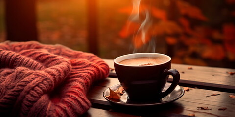 warm knitted sweater and coffee warming on a cool autumn day Generative AI