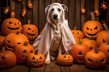 Dog wearing a ghost costume sitting between pumpkins for Halloween in Autumn background. Generative AI