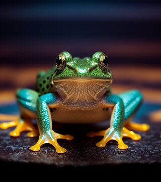 Close up of a frog sitting on something with lights behind it, dark backgroung, national geographic photo, macro photo