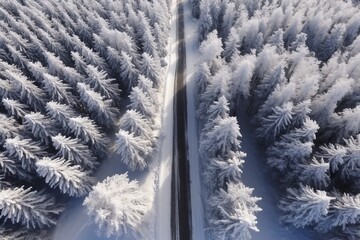 Aerial drone view of road in idyllic winter landscape. Street running through the nature from a birds eye view. generative ai.