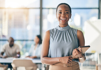 Portrait of black woman in office with tablet, smile and leadership in business meeting in...