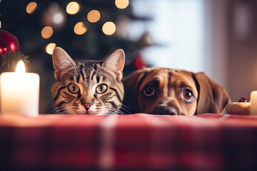 An adorable cat and dog celebrate Christmas indoors, surrounded by twinkling lights and decorations. The perfect family winter scene. - 636628096