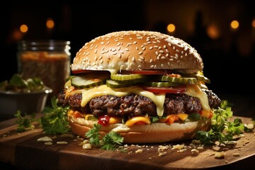 Delicious cheeseburger on wooden table on a dark background, closeup