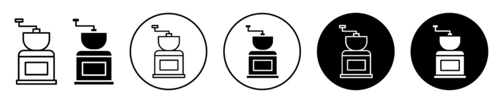 coffee grinder icon set. coffee beans roaster vector symbol in black filled and outlined style.