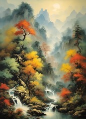 Mountains, forest and river Chinese traditional painting