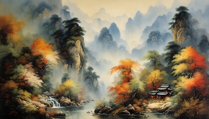 Mountains, forest and river Chinese traditional painting