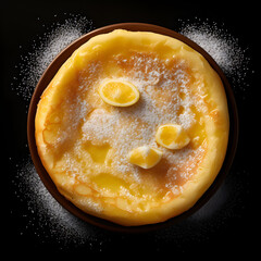 pancakes topped with white sugar and lemon on the side type l, generative ai