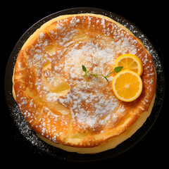 pancakes topped with white sugar and lemon on the side type m, generative ai