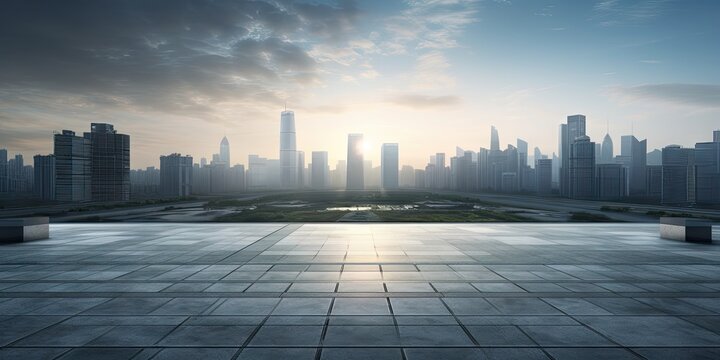 Courtyard has many buildings in background. Cityscape in morning hues. Sunrise over skyline