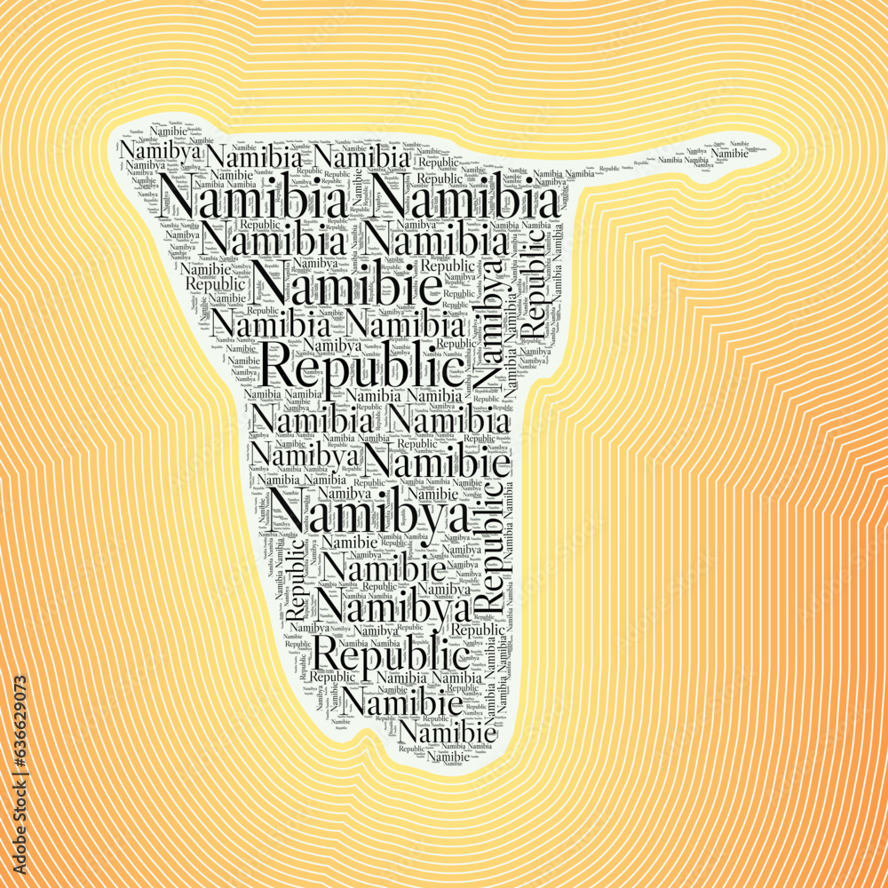 Poster namibia shape formed by country name in multiple languages. namibia border on stylish striped gradie