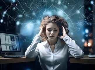 Modern pretty businesswoman working at office. Creative woman in formal clothes working, thinking, having an idea. Stressed, having headache overworking on desktop computer, AI Generated