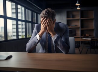 Tired young businessman, office worker feel pain rubbing dry irritated eyes fatigued from computer work, stressed suffer from headache bad vision sight, sit at home table using laptop, AI Generated