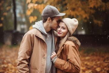Fototapeta premium Young couple autumn. Generate Ai