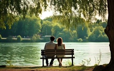 Young couple sitting on bench in park, looking at the natural lake view, woman and man, summer, green. love, AI Generated