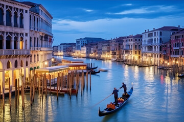 Famous grand canale from Rialto Bridge at blue hour, Venice, Italy
