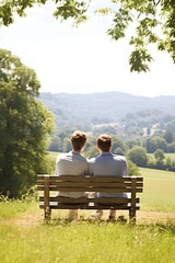 Young lgbt gay couple sitting on bench in park, looking at the natural field view, two men, summer, green. love, AI Generated