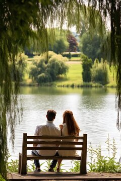 Young couple sitting on bench in park, looking at the natural lake view, woman and man, summer, green. love, AI Generated