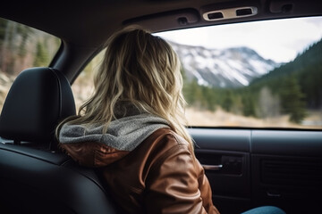 woman in stockings sitting in car