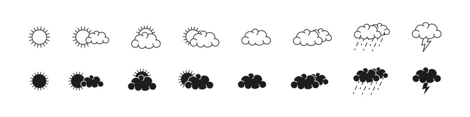 Weather forecast vector icon set. Sun, clouds, rain and thunderstorm symbol collection.