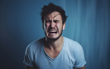Fototapeta premium Closeup portrait photo of young crying attractive Caucasian man with unhappy sad face, problem, depressed, offended isolated on modern pastel blue, pink color background, AI Generated