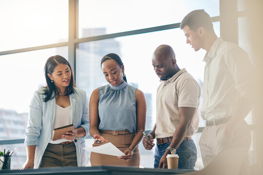 Teamwork, planning and meeting with business people in office for support, boss and professional. Collaboration, project management and solution with employees in agency for strategy, pride and idea