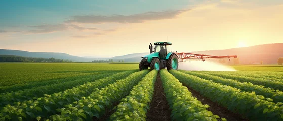 Poster Tractor spraying pesticides fertilizer on soybean crops farm field © Tony A