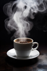 Cup of steamy hot black coffee with warm steam cloud in a white mug