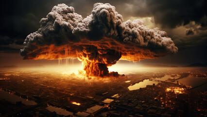 A nuclear explosion that caused the end of the world and terrible consequences, the city is on fire and flames.