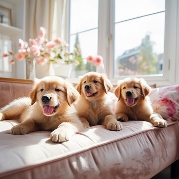 Cute puppies sitting side by side on the bed in the living room.