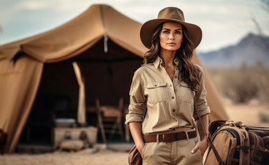 Young woman in adventurer outfit on African safari. Standing next to camp tent, blurred savanna background. Generative AI