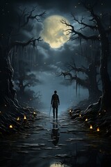 A man walking in the night in haunted forest during full moon