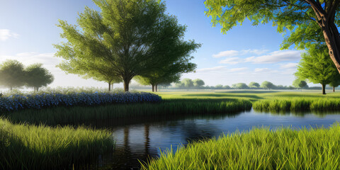 Photorealistic natural garden park reflection on water for background