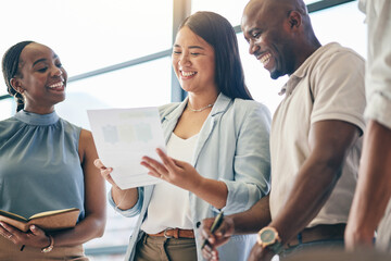 Meeting, business people with happy woman mentor and paperwork for training, motivation and collaboration. Team boss, men and women in office with documents, feedback and brainstorming at workshop.