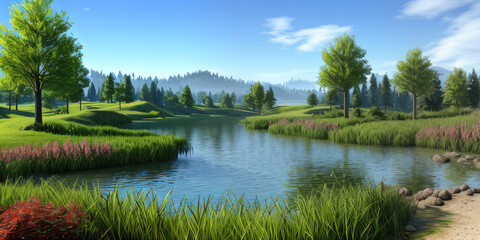 Fototapeta na wymiar Photorealistic natural garden park reflection on water for background