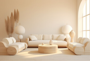 Fototapeta na wymiar Bright living room with minimalistic white deco. Interior design concept image. Generative AI.